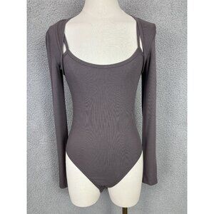 Self Esteem Juniors' Rib-Knit Overlay Long-Sleeve Bodysuit Granite Small NWT's